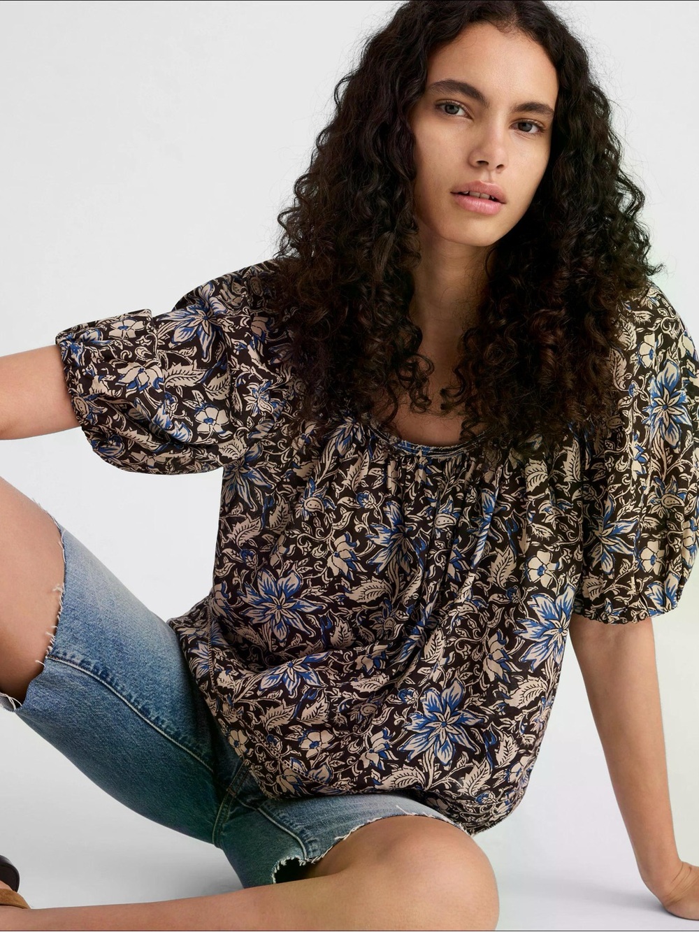 Madewell floral puff sleeve scoop neck blouse - dark carob